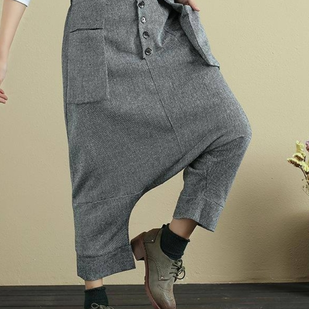Gray Tweed Harem Pants with Button Detail